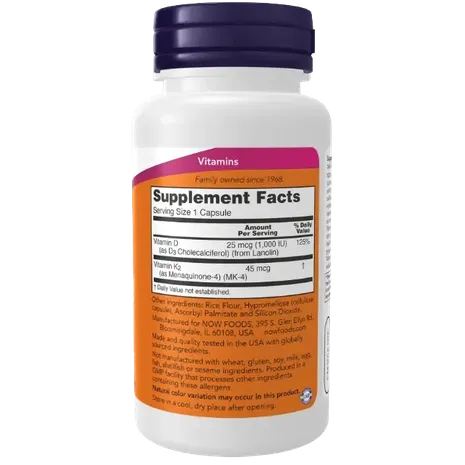 NOW Foods Vitamin D-3 & K-2, Veg - 120 Caps